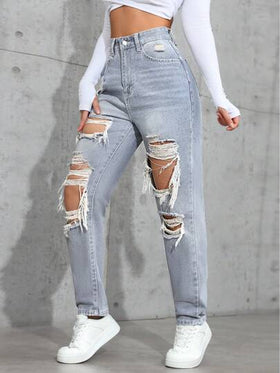 SHEIN ICON جينز كاجوال مغسول مع جيوب وخصر مستقيم فضفاض للنساء