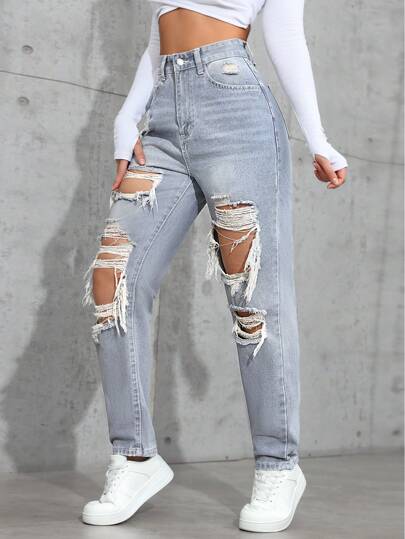 SHEIN ICON جينز كاجوال مغسول مع جيوب وخصر مستقيم فضفاض للنساء