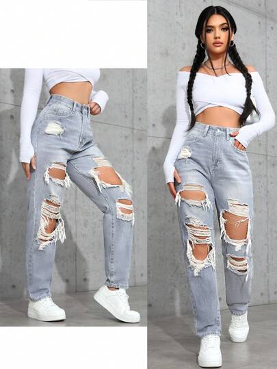 SHEIN ICON جينز كاجوال مغسول مع جيوب وخصر مستقيم فضفاض للنساء