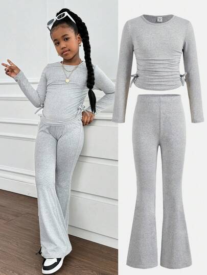 girls-sets طقم بنطال واسع وبلوزة بأكمام طويلة مضرب بأزهار رمادية للبنات المراهقات، مناسب للمنزل والخارج ، زي السفر المطار