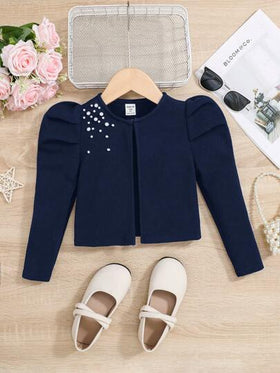 SHEIN جاكيت قصيرة بأكمام غيغوت مطرزة بالخرز ، قميص كاجوال بلون أحادي للفتاة الصغيرة