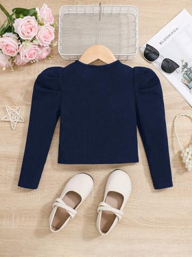 SHEIN جاكيت قصيرة بأكمام غيغوت مطرزة بالخرز ، قميص كاجوال بلون أحادي للفتاة الصغيرة