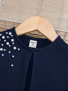 SHEIN جاكيت قصيرة بأكمام غيغوت مطرزة بالخرز ، قميص كاجوال بلون أحادي للفتاة الصغيرة