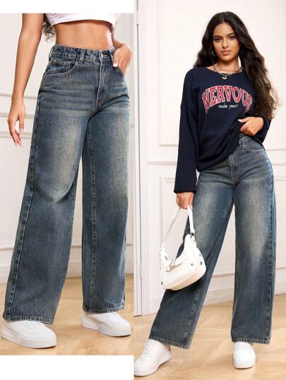SHEIN PETITE جينز مستقيم الساق مغسول عادي