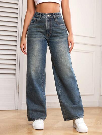 SHEIN PETITE جينز مستقيم الساق مغسول عادي