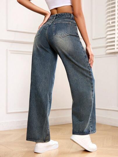SHEIN PETITE جينز مستقيم الساق مغسول عادي