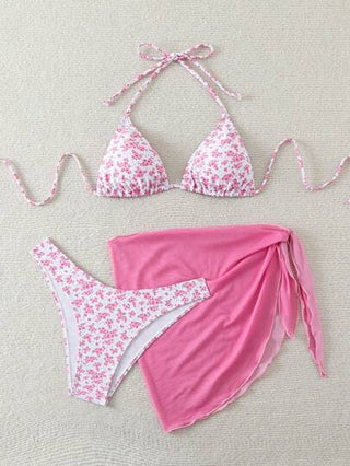 Swim Mod مجموعة نسائية مكونة من 3 قطع: شريط عنق ببطن مكشوف، تنورة ملفوفة زهرية متناثرة ، بيكيني ربطة جانبية، أزياء صيفية