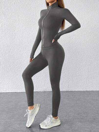 SHEIN PETITE طقم رياضي قطعتين أسود، جاكيت سوداء سحابها ولحمية سوداء