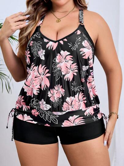 Swim Lushoire نساء مقاس كبير ملابس صيفية للشاطئ والعطلات طقم ملابس سباحة كاسوال مكون من كامي مطبوع بالورود والتانكيني للمقاسات الكبيرة