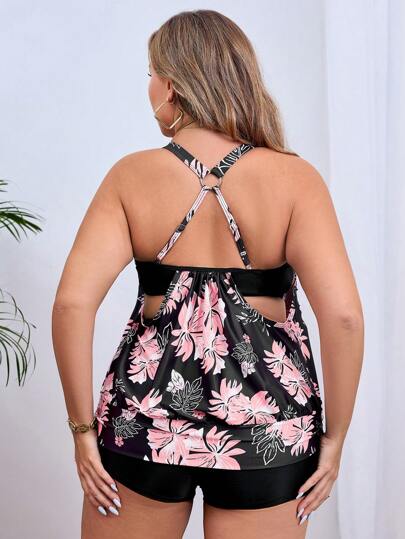 Swim Lushoire نساء مقاس كبير ملابس صيفية للشاطئ والعطلات طقم ملابس سباحة كاسوال مكون من كامي مطبوع بالورود والتانكيني للمقاسات الكبيرة