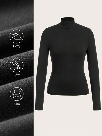 SHEIN BASICS بلوزة تيشيرت بأكمام طويلة وياقة مرتفعة ضيقة عادية مبطنة للنساء