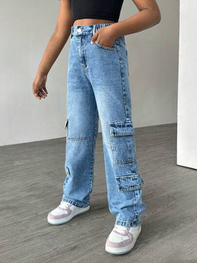 SHEIN Explorewe بنطلون جينز قصير مباشر مغسول للفتيات المراهقات الأنيقات والكاجوال