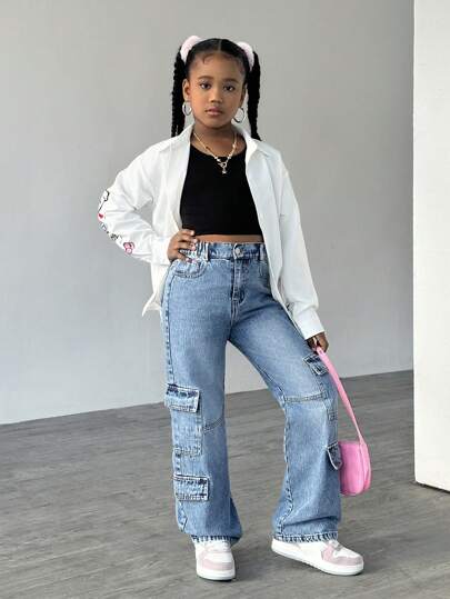 SHEIN Explorewe بنطلون جينز قصير مباشر مغسول للفتيات المراهقات الأنيقات والكاجوال
