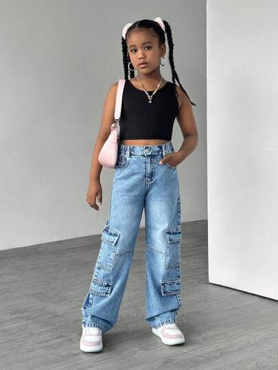 SHEIN Explorewe بنطلون جينز قصير مباشر مغسول للفتيات المراهقات الأنيقات والكاجوال
