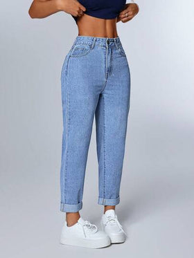 SHEIN PETITE بنطلون جينز خصر عالي حافة ملفوفة مقصوص