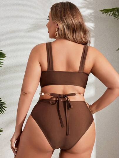 Swim Lushoire بدلة سباحة بقطعة واحدة بخصر مفرغ وحجاب بدرجة الوان سادة وزخرفة قوقعة، للمقاسات الكبيرة، مناسبة لإرتدائها في الشاطئ خلال فصل الصيف