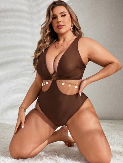 Swim Lushoire بدلة سباحة بقطعة واحدة بخصر مفرغ وحجاب بدرجة الوان سادة وزخرفة قوقعة، للمقاسات الكبيرة، مناسبة لإرتدائها في الشاطئ خلال فصل الصيف