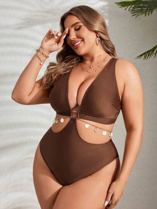 Swim Lushoire بدلة سباحة بقطعة واحدة بخصر مفرغ وحجاب بدرجة الوان سادة وزخرفة قوقعة، للمقاسات الكبيرة، مناسبة لإرتدائها في الشاطئ خلال فصل الصيف