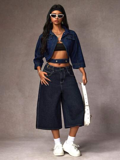SHEIN EZwear سراويل جينز كابري فضفاضة بجيوب للنساء