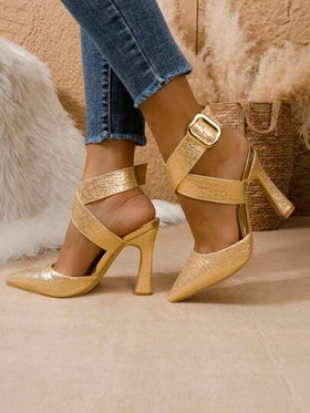 أحذية كعب عالي نسائية بتصميم مدبب وكعب رفيع بدون ظهر، بألوان الشمبانيا/الأسود/الأبيض، أحذية مثيرة بحزام الكاحل، أحذية سيدات