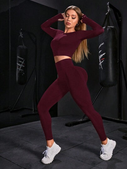 POWERISTA Powerista طقم رياضي للنساء يتكون من توب بأكمام طويلة رقبة طاقم ذو لون واحد ، وسراويل ضيقة رياضية