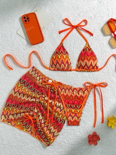 Bikinx بكيني نسائي مثير بنقشة الموجة من الثلاث قطع مع تنورة لتغطية للذهاب إلى الشاطئ في إجازة الصيف