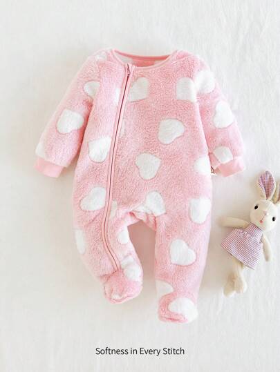 Cozy Pixies جمبسوت صوفية سميكة طويلة الأكمام بياقة مستديرة للرضع للبنات بتصميم قلب