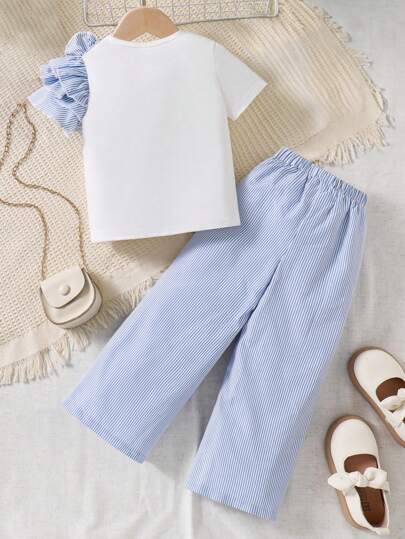 SHEIN رمضان طقم بلوزة مزهرة بأكمام كشكشة وبنطال مخطط للفتاة الصغيرة 2قطعة, مناسب للارتداء في الخارج في الخريف