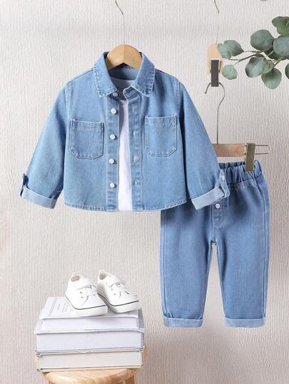 SHEIN Playful Pals ملابس رسمية للأطفال الصبيان مغسولة من الدينم، لفصل الخريف/الشتاء