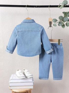 SHEIN Playful Pals ملابس رسمية للأطفال الصبيان مغسولة من الدينم، لفصل الخريف/الشتاء