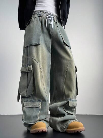 Manfinity Denimwave بناطيل جينز كارجو ضيقة فاتحة زرقاء كحلية، أشكال ممزقة للجينز الكارجو، هدية للزوج أو الحبيب