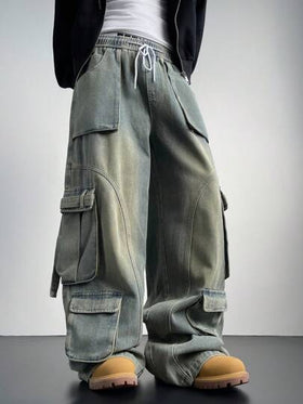 Manfinity Denimwave بناطيل جينز كارجو ضيقة فاتحة زرقاء كحلية، أشكال ممزقة للجينز الكارجو، هدية للزوج أو الحبيب