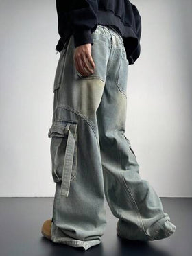 Manfinity Denimwave بناطيل جينز كارجو ضيقة فاتحة زرقاء كحلية، أشكال ممزقة للجينز الكارجو، هدية للزوج أو الحبيب
