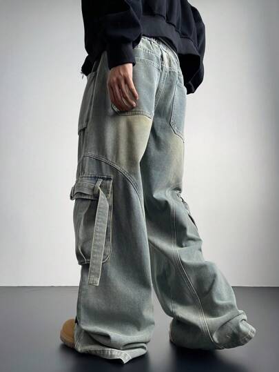 Manfinity Denimwave بناطيل جينز كارجو ضيقة فاتحة زرقاء كحلية، أشكال ممزقة للجينز الكارجو، هدية للزوج أو الحبيب