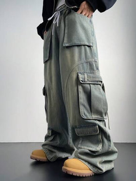 Manfinity Denimwave بناطيل جينز كارجو ضيقة فاتحة زرقاء كحلية، أشكال ممزقة للجينز الكارجو، هدية للزوج أو الحبيب