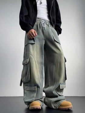 Manfinity Denimwave بناطيل جينز كارجو ضيقة فاتحة زرقاء كحلية، أشكال ممزقة للجينز الكارجو، هدية للزوج أو الحبيب