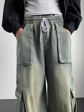 Manfinity Denimwave بناطيل جينز كارجو ضيقة فاتحة زرقاء كحلية، أشكال ممزقة للجينز الكارجو، هدية للزوج أو الحبيب