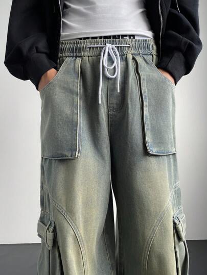 Manfinity Denimwave بناطيل جينز كارجو ضيقة فاتحة زرقاء كحلية، أشكال ممزقة للجينز الكارجو، هدية للزوج أو الحبيب
