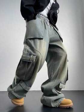 Manfinity Denimwave بناطيل جينز كارجو ضيقة فاتحة زرقاء كحلية، أشكال ممزقة للجينز الكارجو، هدية للزوج أو الحبيب