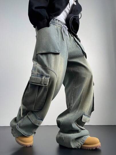 Manfinity Denimwave بناطيل جينز كارجو ضيقة فاتحة زرقاء كحلية، أشكال ممزقة للجينز الكارجو، هدية للزوج أو الحبيب