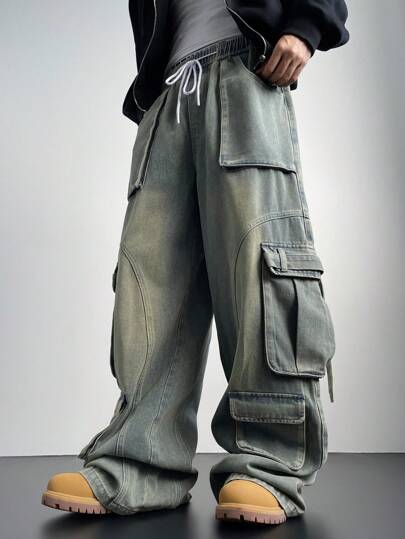 Manfinity Denimwave بناطيل جينز كارجو ضيقة فاتحة زرقاء كحلية، أشكال ممزقة للجينز الكارجو، هدية للزوج أو الحبيب