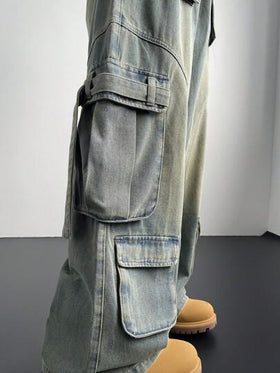 Manfinity Denimwave بناطيل جينز كارجو ضيقة فاتحة زرقاء كحلية، أشكال ممزقة للجينز الكارجو، هدية للزوج أو الحبيب