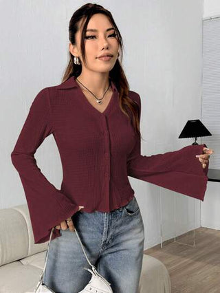 Flirla بلوزة نسائية بأكمام واسعة وحتى طويلة ذات لون واحد بتصميم بسيط وغير رسمي، ملابس ربيعية وصيفية وخريفية، قمصان نسائية