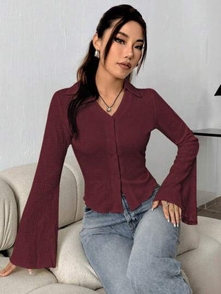 Flirla بلوزة نسائية بأكمام واسعة وحتى طويلة ذات لون واحد بتصميم بسيط وغير رسمي، ملابس ربيعية وصيفية وخريفية، قمصان نسائية