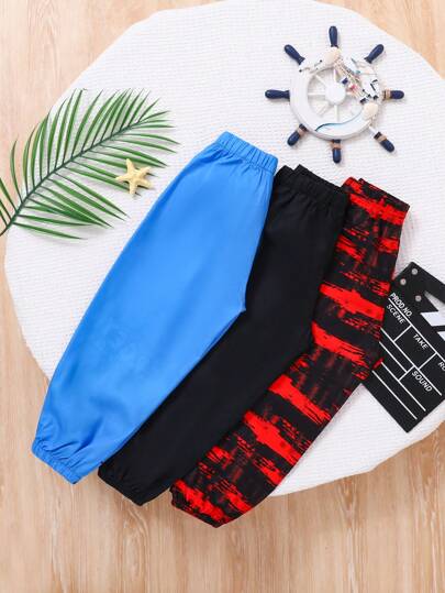 SHEIN 3 قطع/مجموعة بنطلون كاجوال للأولاد الصغار مطبوع بنقوش متنوعة ومرحة بألوان الأحمر والأبيض والأزرق، مناسب لملابس الخارج للأولاد الصغار