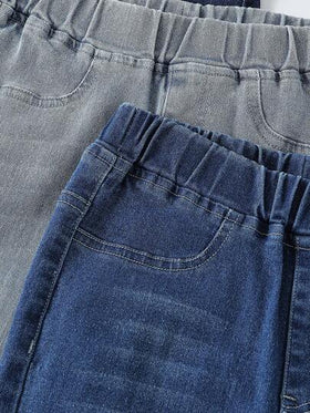 SHEIN Vintaside Kids زوج من بنطلونات الجينز الدنيم المغسولة ذات القصة النحيفة والمرنة بطراز Y2K للبنات، قماش مريح، ملائم للارتداء اليومي العادي