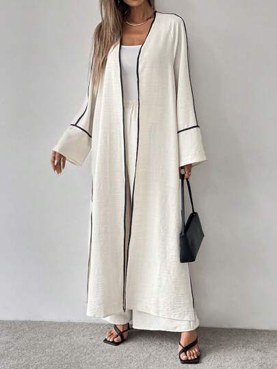 SHEIN Clasi طقم قطعتين من معطف طويل فضفاض ذو رقبة دائرية مع تطريز متباين وبنطال واسع الساق عريض للنساء، أناقة وموضة مناسبة للتنقل اليومي
