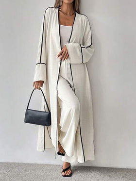 SHEIN Clasi طقم قطعتين من معطف طويل فضفاض ذو رقبة دائرية مع تطريز متباين وبنطال واسع الساق عريض للنساء، أناقة وموضة مناسبة للتنقل اليومي