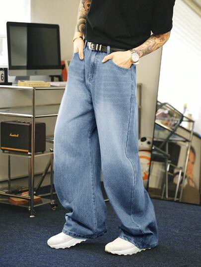 Manfinity Denimwave جينز فضفاض بقصة برميل مغسول بلون أزرق فاتح مهترئ بطراز الشارع الرجالي من حقبة Y2K