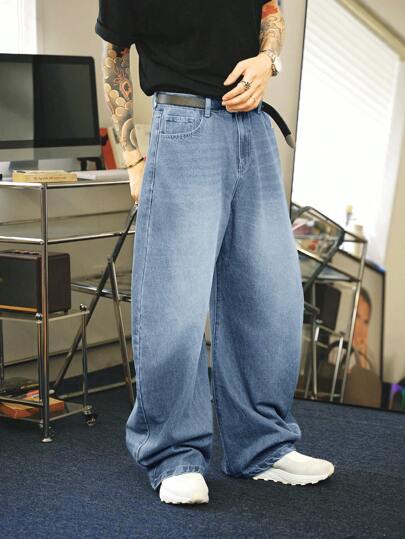 Manfinity Denimwave جينز فضفاض بقصة برميل مغسول بلون أزرق فاتح مهترئ بطراز الشارع الرجالي من حقبة Y2K